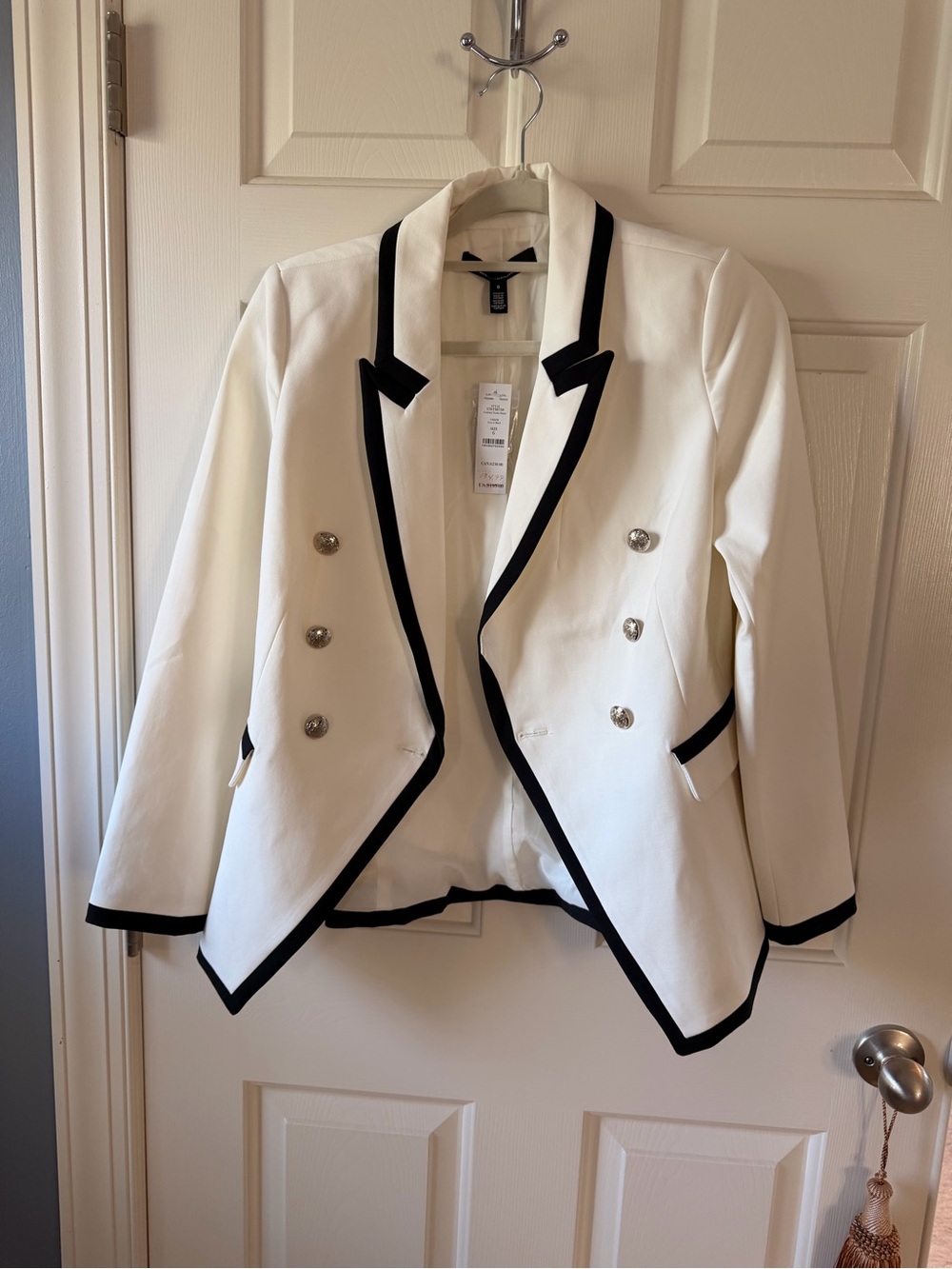 Brand New White House Black Market White Blazer with Black Trim Double-Breasted